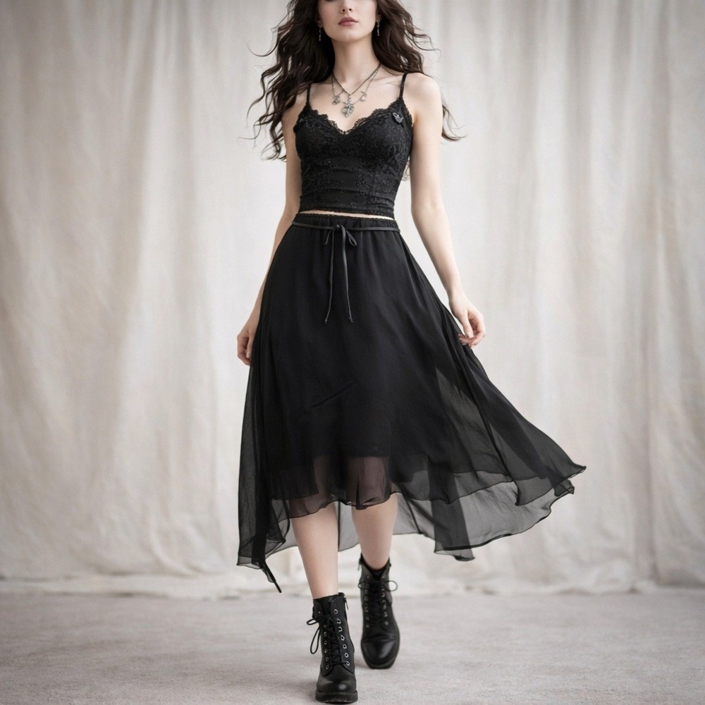 JTBX Black Asymmetrical Hem Skirt Size L Chiffon Belted Whimsy Fairy Grunge NWT